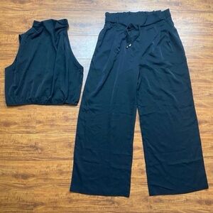 New PrettyGarden Black High Neck Sleeveless Top + Wide Leg Paperbag Pant Size L